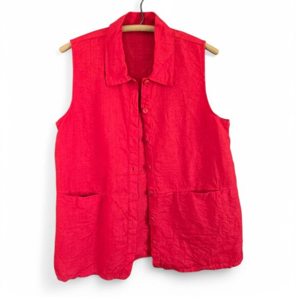 Womens Sleeveless Red Linen Button-Up Tunic Shirt With Pockets - Picture 2 of 8